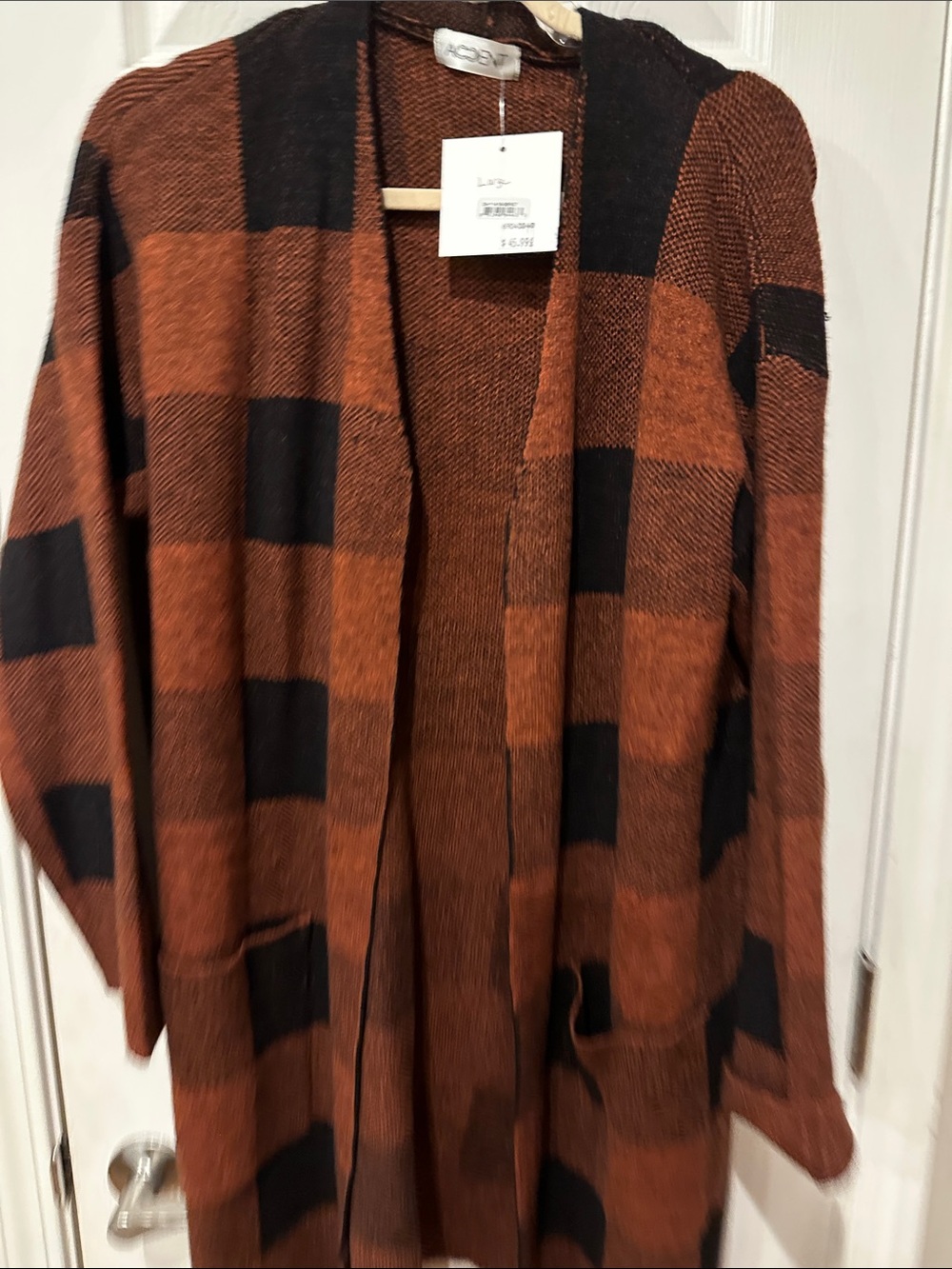 Boutique Cozy Oversized Plaid Open Cardigan - Rust & Black